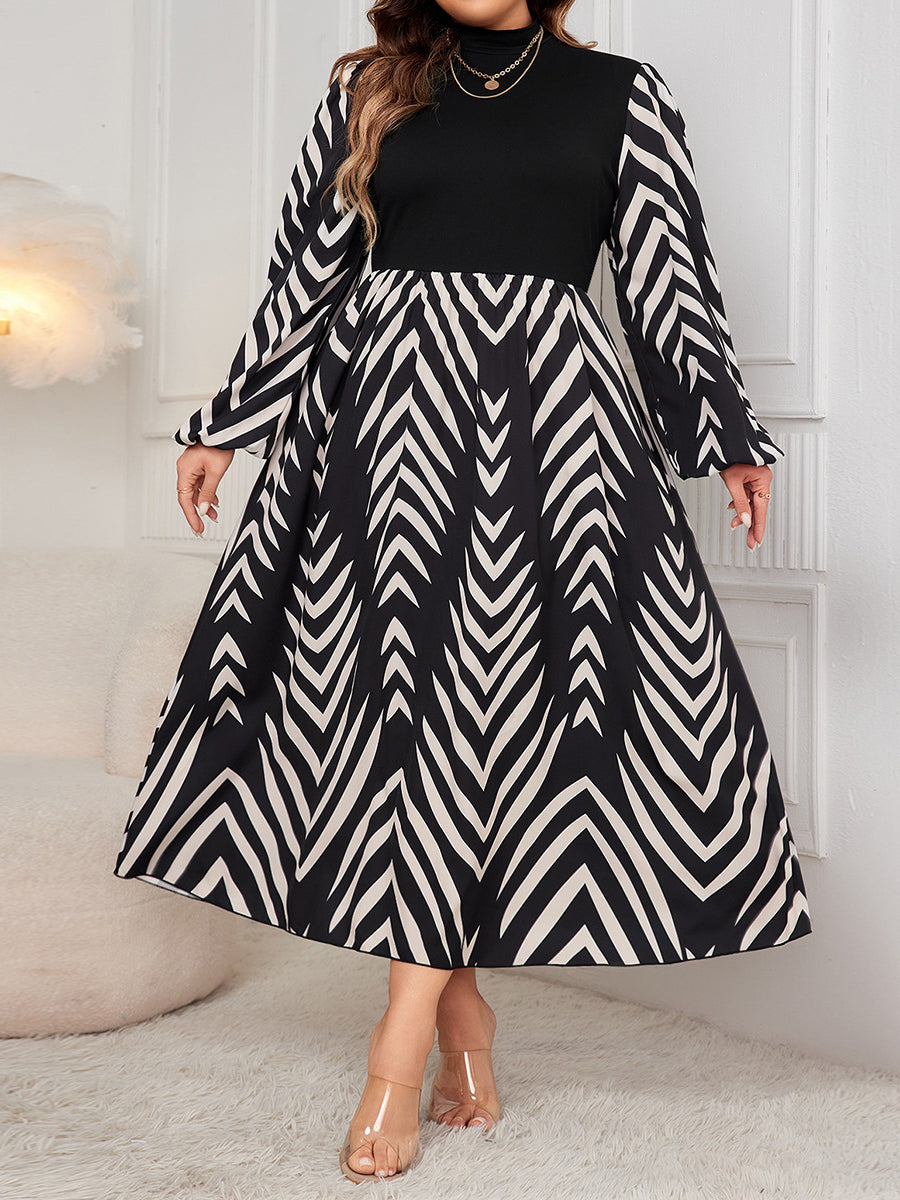 Elegant Puff Sleeve High Waist Dress in black and white chevron pattern, stylish fashion ملابس