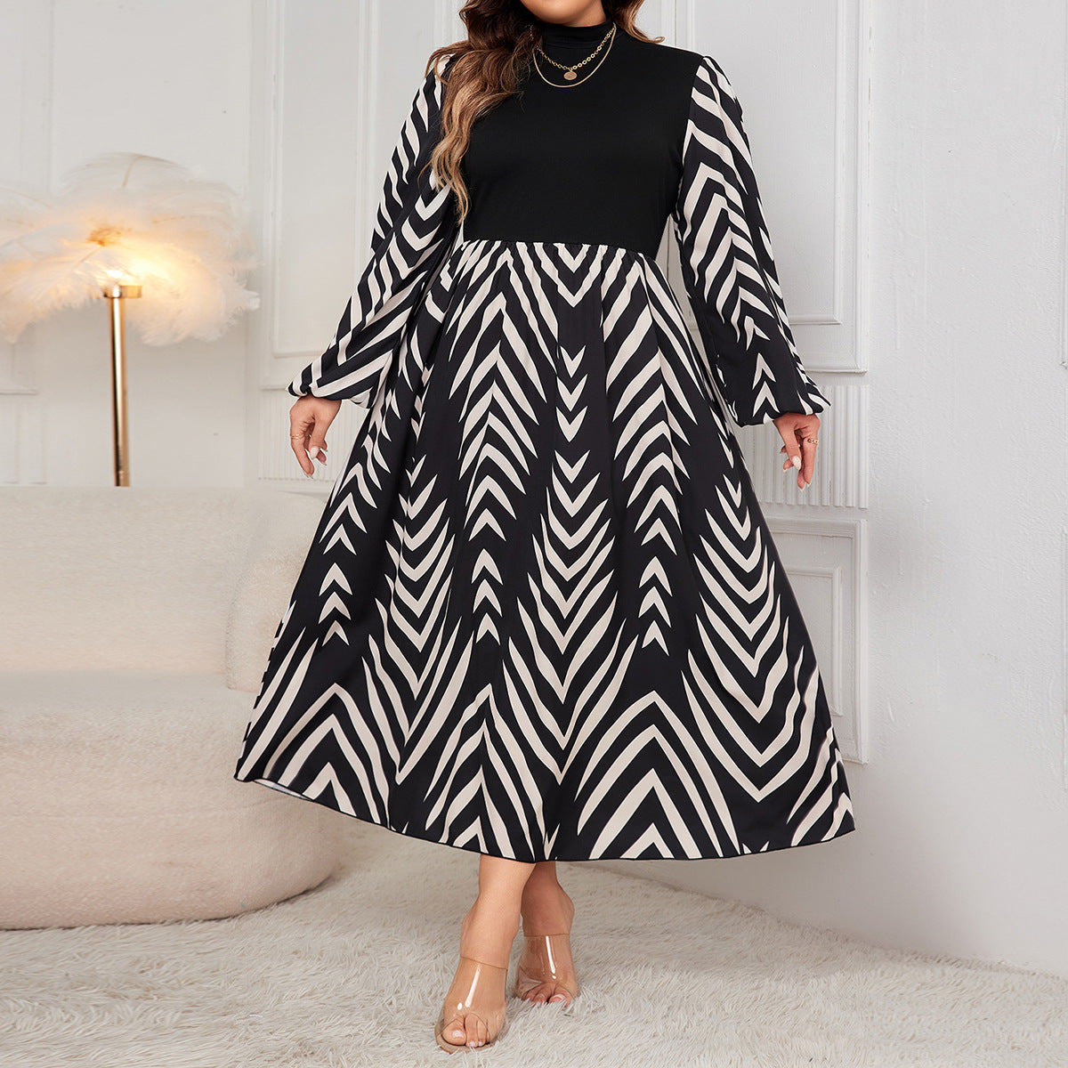 Elegant Puff Sleeve High Waist Dress in black and white chevron pattern, stylish fashion ملابس