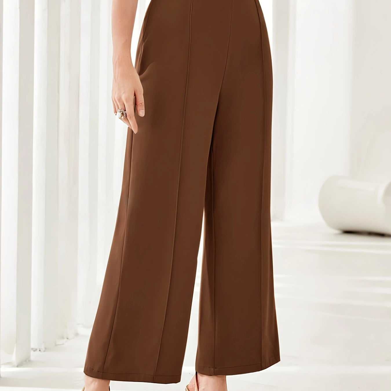Brown wide-leg dress pants featuring a high waist for elegant casual fashion