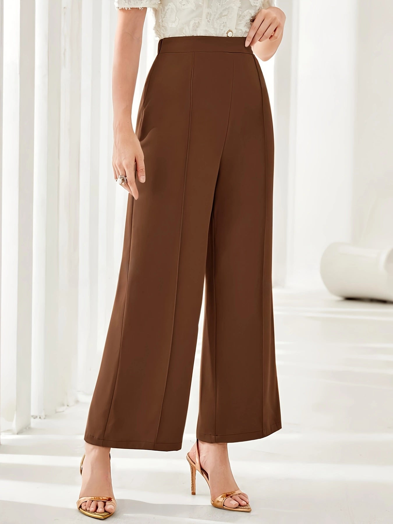 Brown wide-leg dress pants featuring a high waist for elegant casual fashion
