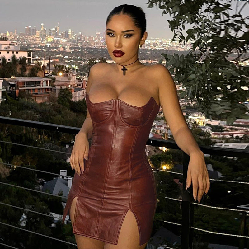 Burgundy faux leather corset dress from the Langry fashion collection displayed