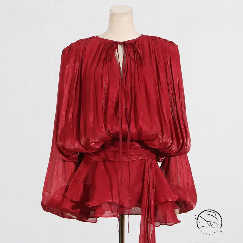 Red long-sleeved tie-neck blouse in gorgeous short mesh dress design