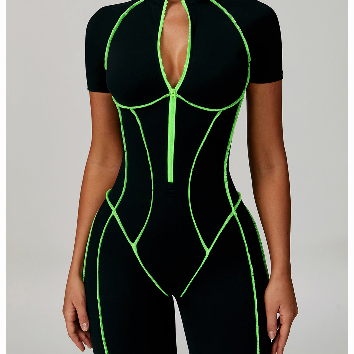 Langry black neon green bodysuit with geometric cutouts for yoga fashion ملابس