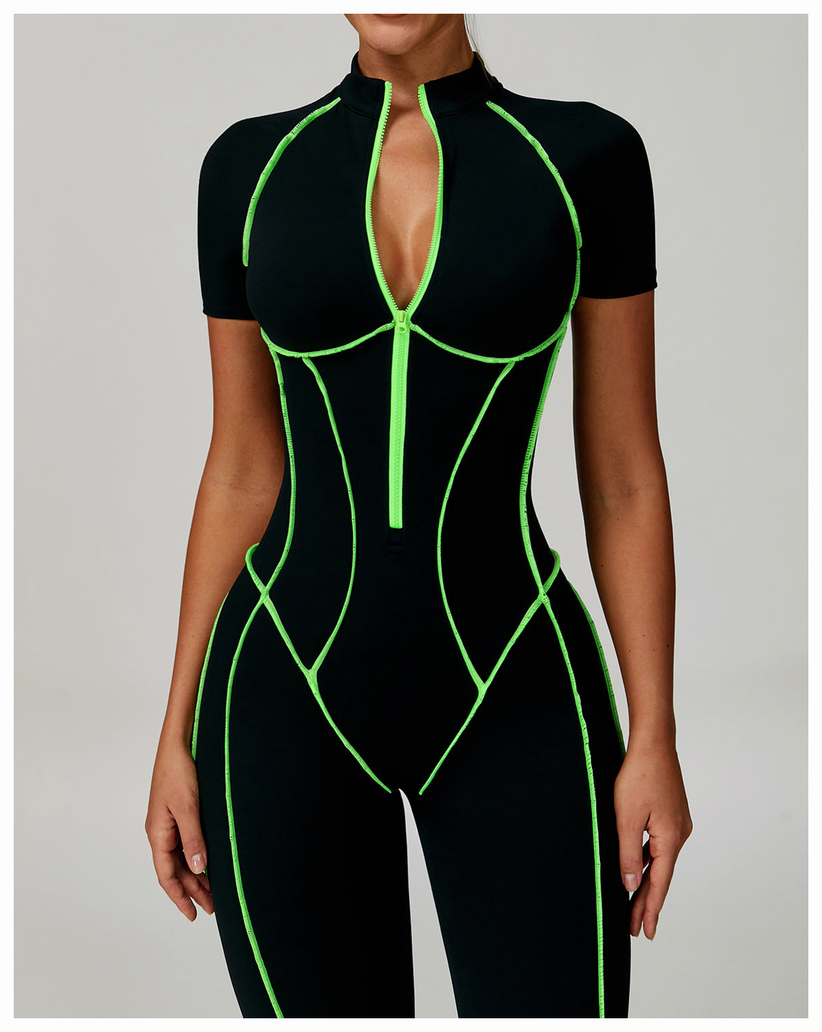 Langry black neon green bodysuit with geometric cutouts for yoga fashion ملابس