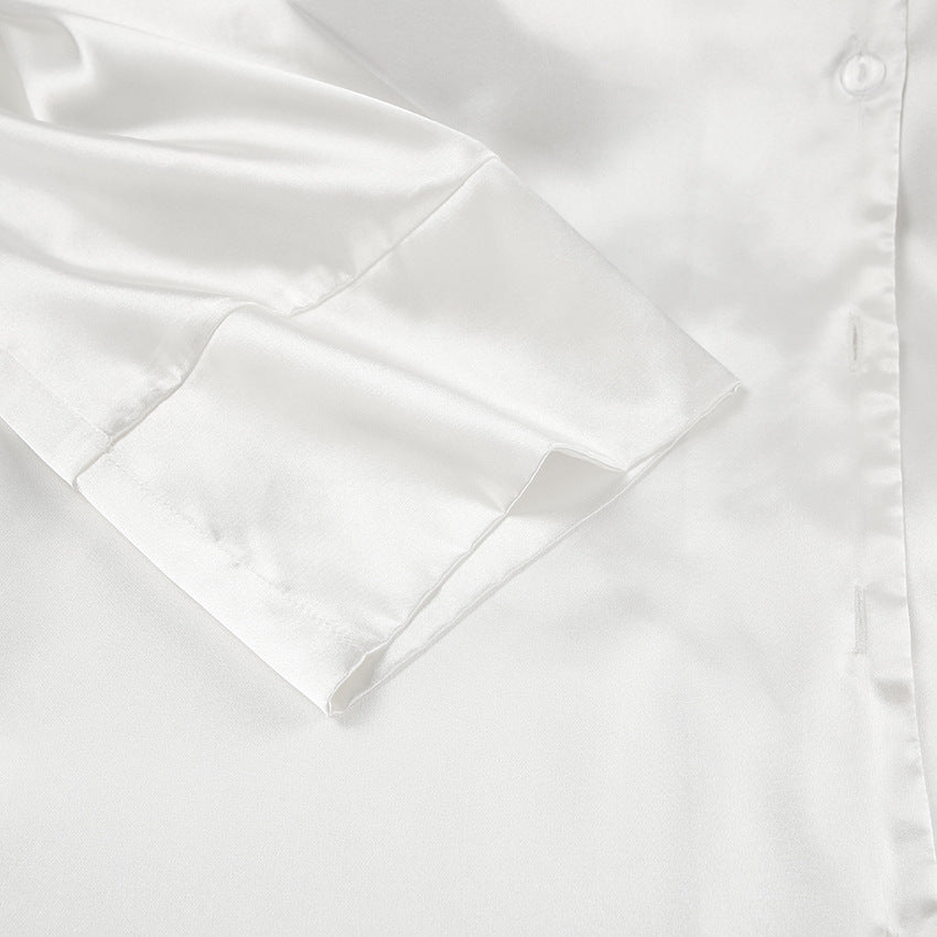 White satin long-sleeved home wear shirt with folded cuffs, luxurious fashion style