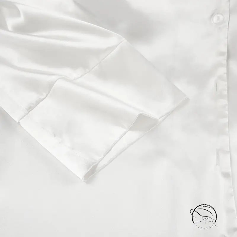 White satin long-sleeved home wear shirt with folded cuffs