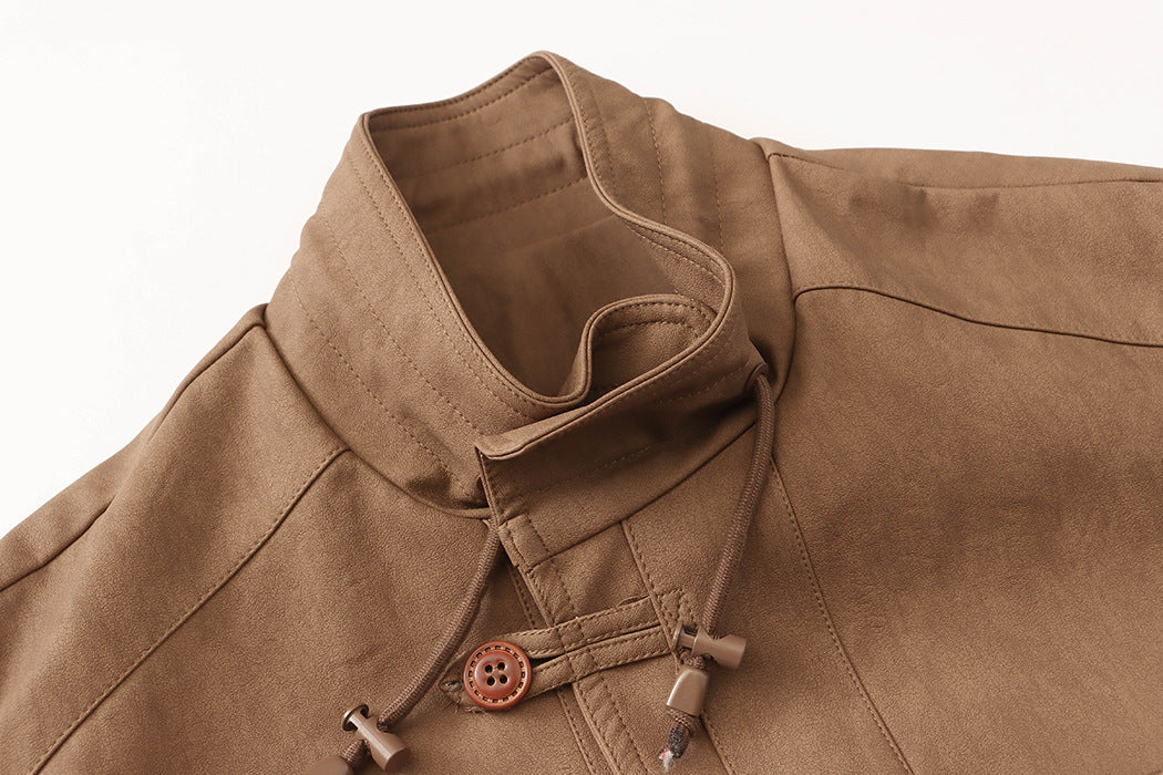 Brown leather jacket with stand-up collar for langry fashion and stylish ملابس