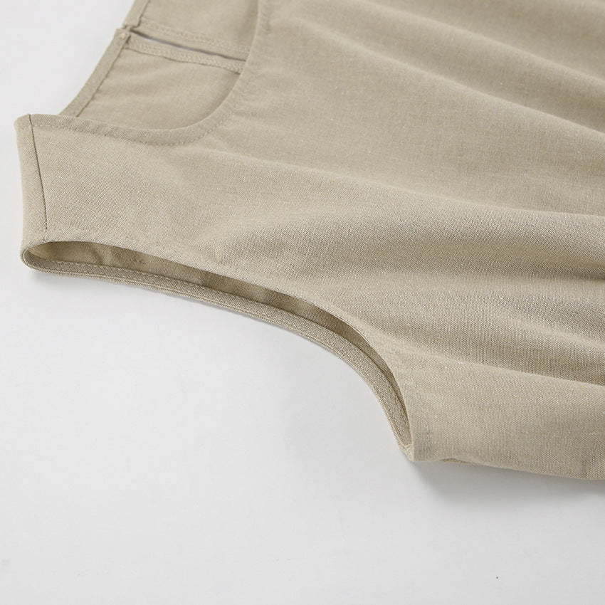 Summer Cotton Linen Sleeveless Maxi Dress Pajamas Two Piece Set Loose Casual Ladies Homewear