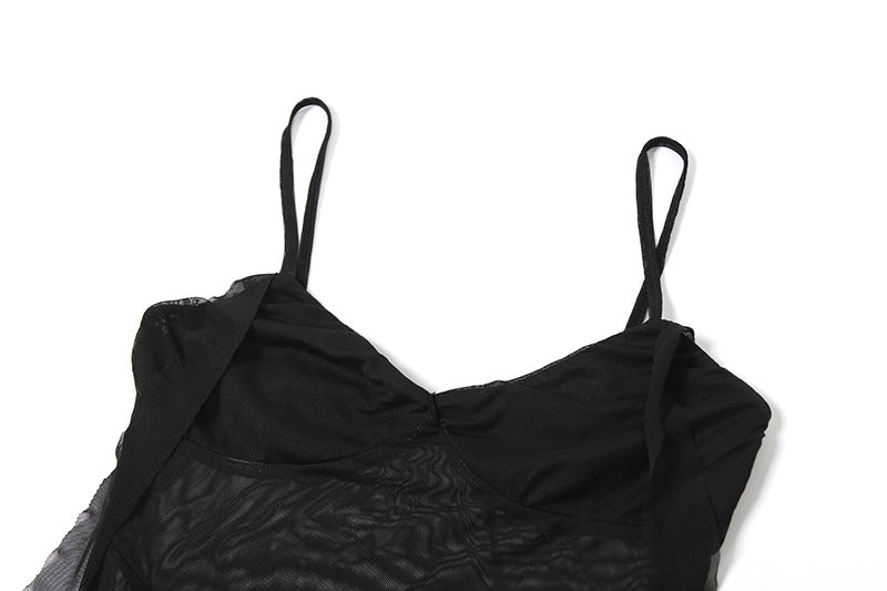 Spring Summer Girls Mesh See Through Split Irregular Asymmetric Spaghetti Strap Dress