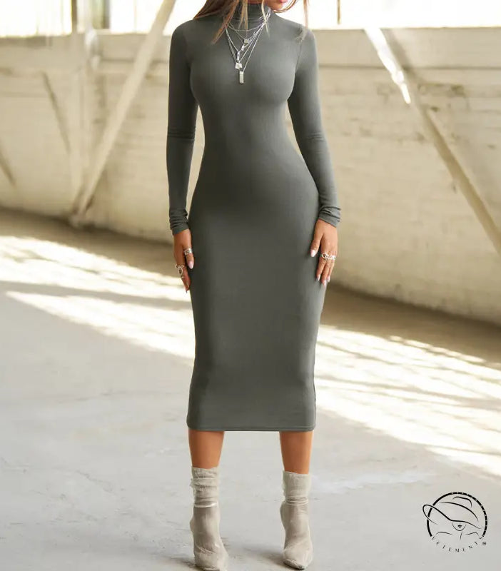 Sleek gray long-sleeved midi fashion dress with high neckline