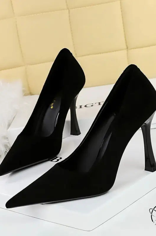 Langry black suede high heel pumps with pointed toes and thin stiletto heels in fashion