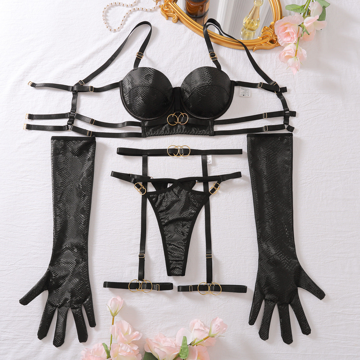 Passion Underwear Five Piece Set: black leather lingerie with gold accents and long gloves