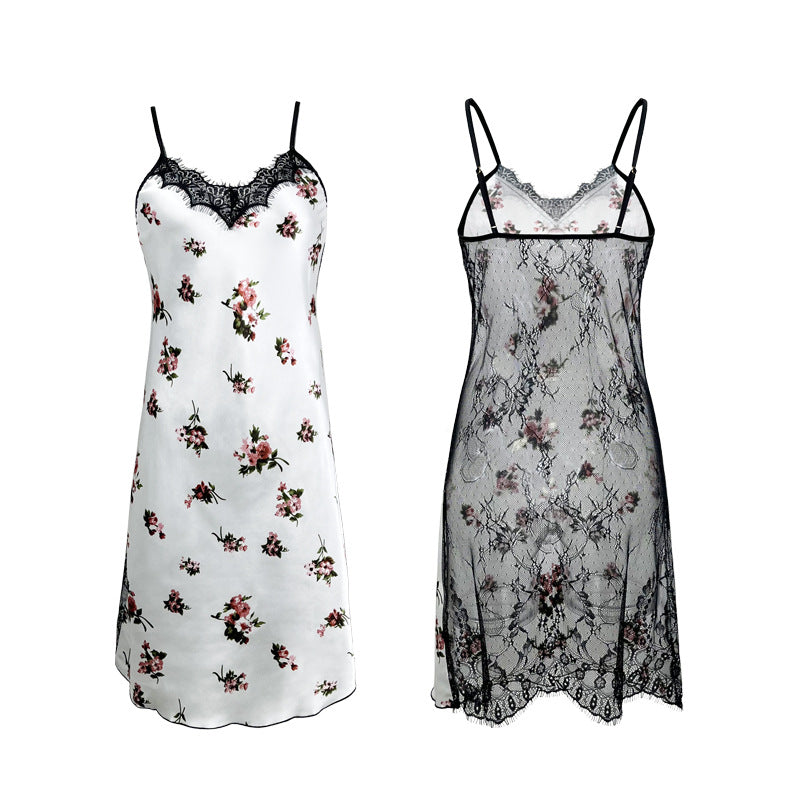 Floral-patterned lace nightgown from Pajamas Women Ice Silk Lace Stitching Home Sling Dress, elegant fashion ملابس