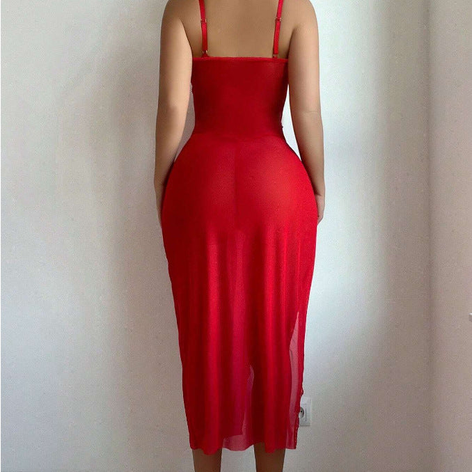 Sheer red maxi dress with spaghetti straps from Langry fashion collection, stylish ملابس