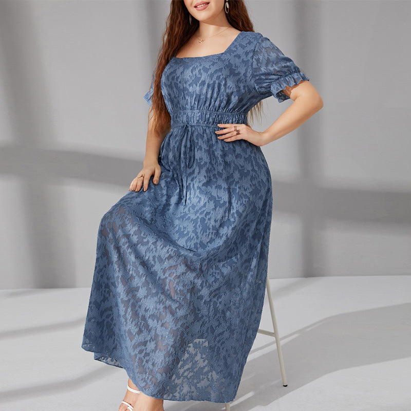 Elegant long blue dress with elastic waist, square-neck, ruffled sleeves for women