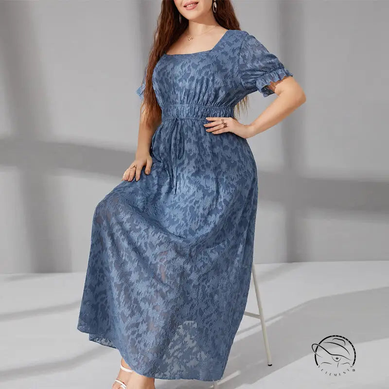 Elegant long blue square-neck dress with elastic waist and ruffles