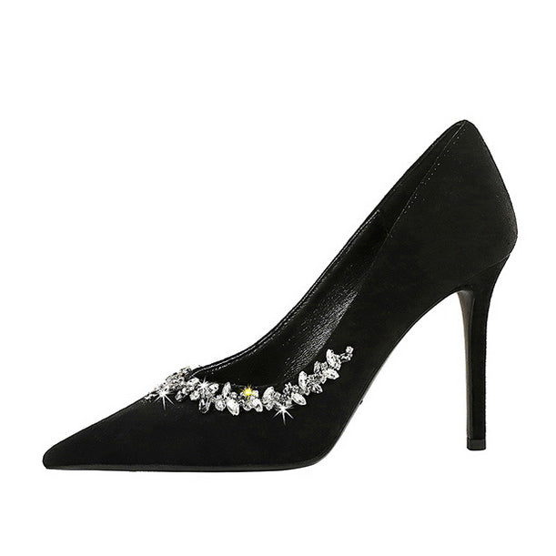 Elegant Langry rhinestone cocktail stiletto heel in black velvet with crystal embellishments and pointed toe