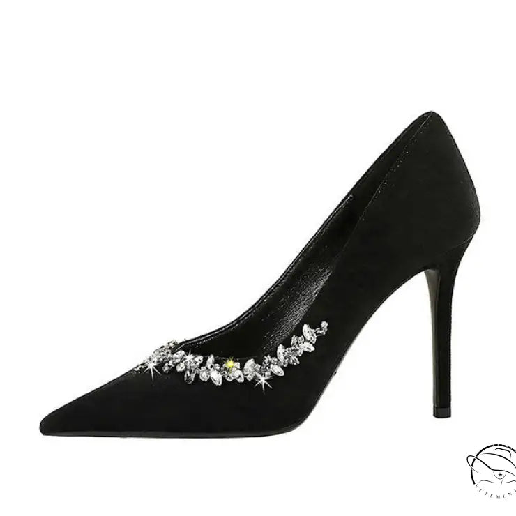 Elegant black velvet Rhinestone Cocktail Stiletto Heel with crystal pointed toe