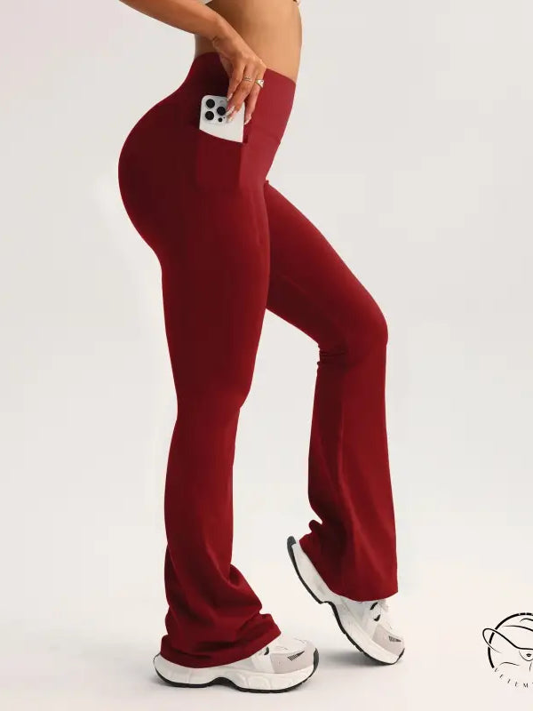 Red langry wide leg high waist yoga pants in fashion ملابس with phone pocket