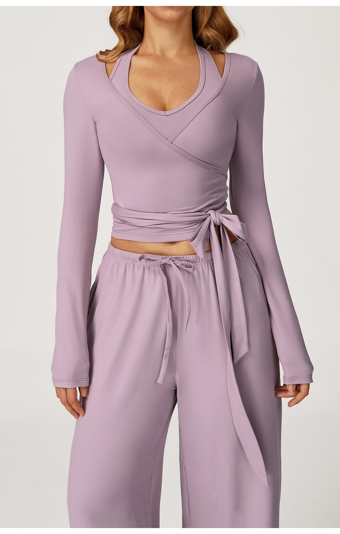 Langry fashion lavender wrap top with stretchy yoga pants and tie waistband