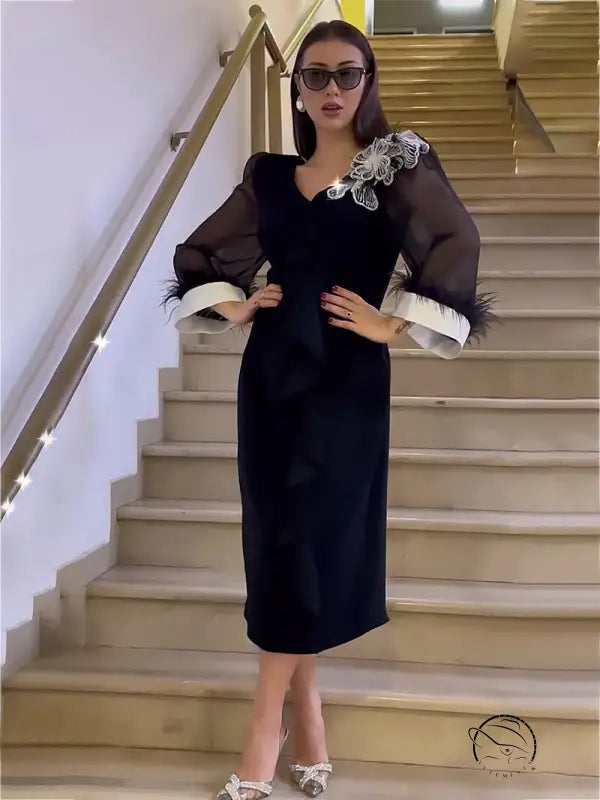 Elegant autumn v neck solid color long sleeve black pansy dress