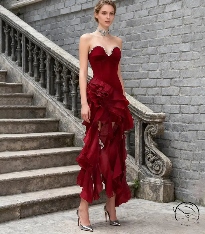Enchanting red ruffled short evening dress in langry fashion velvet