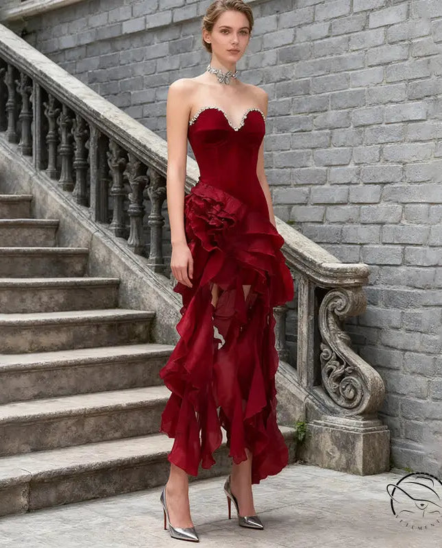 Enchanting red ruffled short evening dress in langry fashion velvet