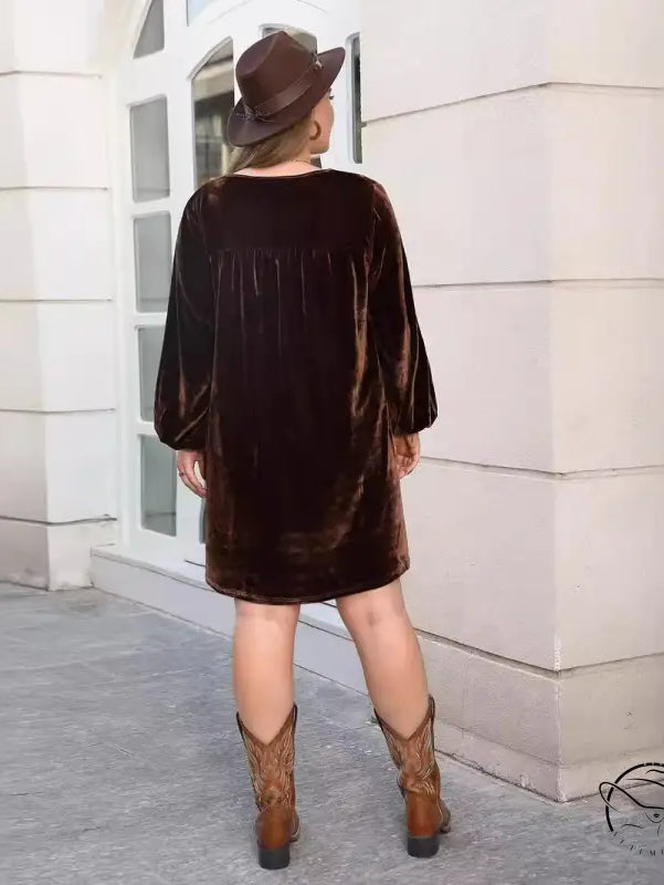Loose slimming casual dress: dark brown velvet tunic with cuffed sleeves