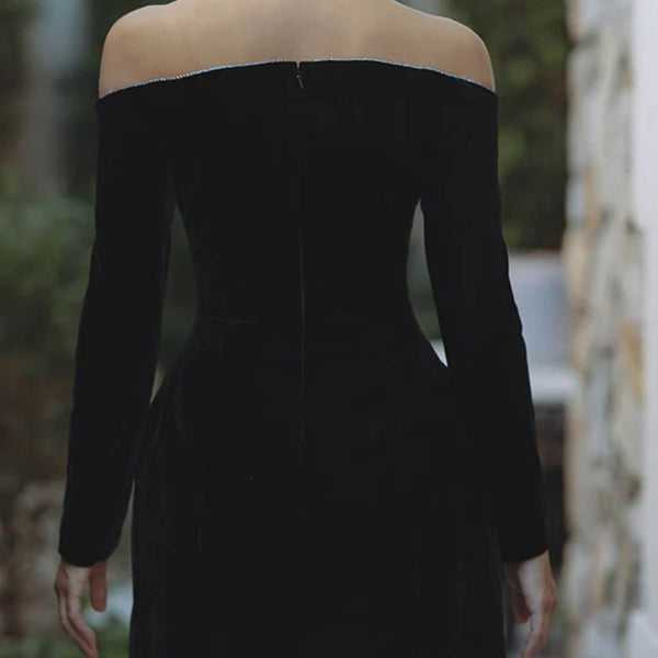 Black off-shoulder long-sleeve mini dress from Elegant Velvet Diamonds fashion collection