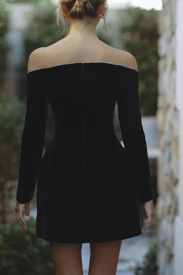 Black off-shoulder long-sleeve mini dress from Elegant Velvet Diamonds fashion collection