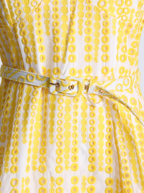 Yellow and white patterned Summer Machine Embroidery dress for chic fashion style