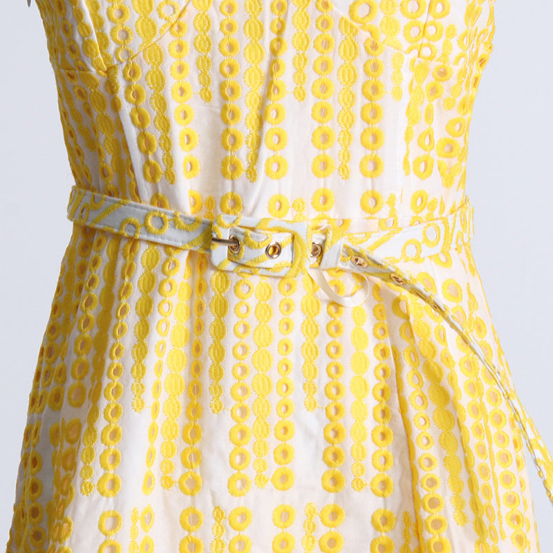 Yellow and white patterned Summer Machine Embroidery dress for chic fashion style