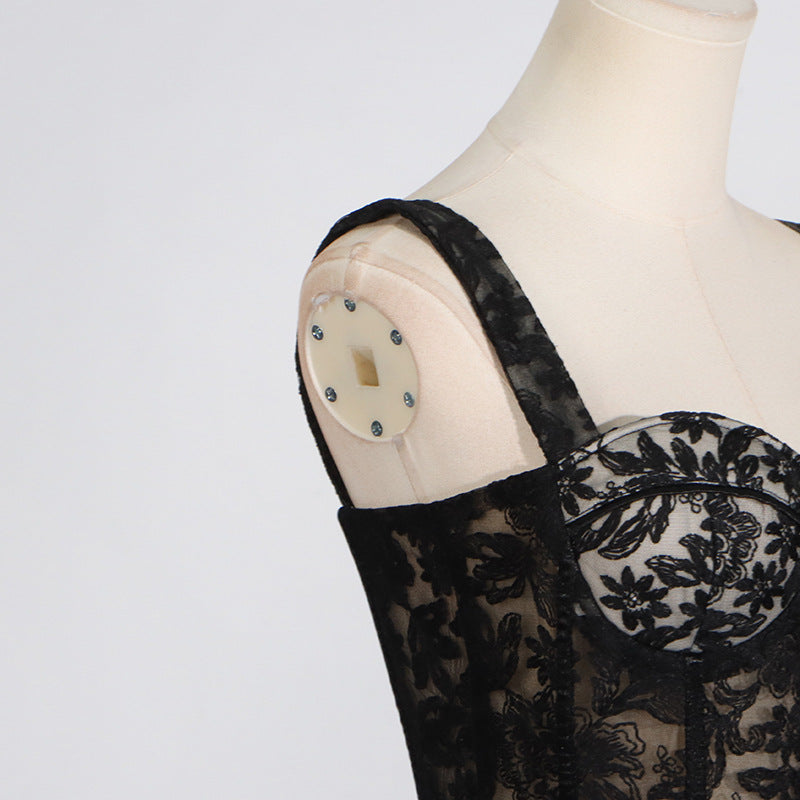 Black lace bustier on mannequin for Summer Sling Boning Corset Waist-Tight Embroidery Mesh Maxi Dress