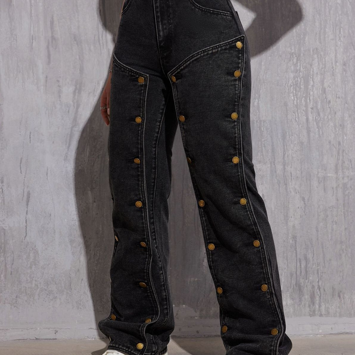 Dark wash denim cargo pants with decorative gold buttons, hip hop style, langry design