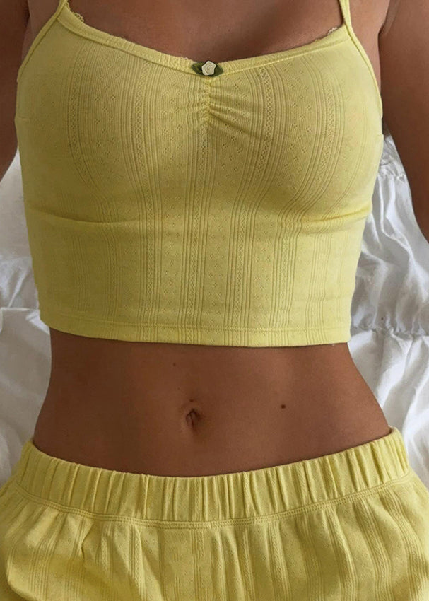 Pale yellow ribbed knit crop top in Langry fashion pajamas set