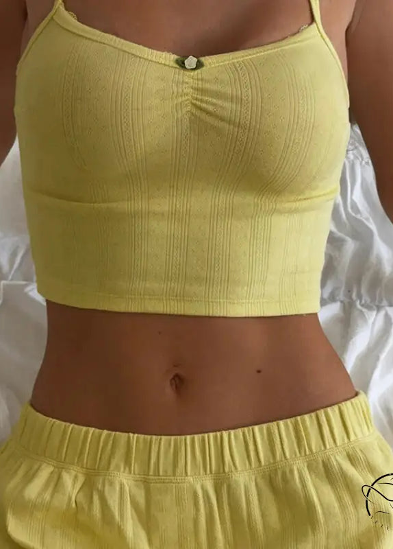 Pale yellow ribbed knit langry fashion crop top in pajamas set