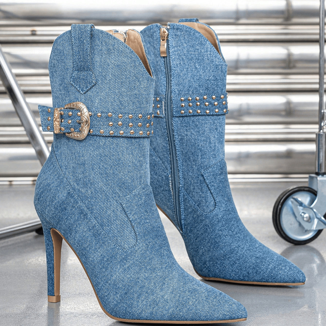 Denim Winter Pointed Toe Side Zipper Stiletto Heel Short Boots