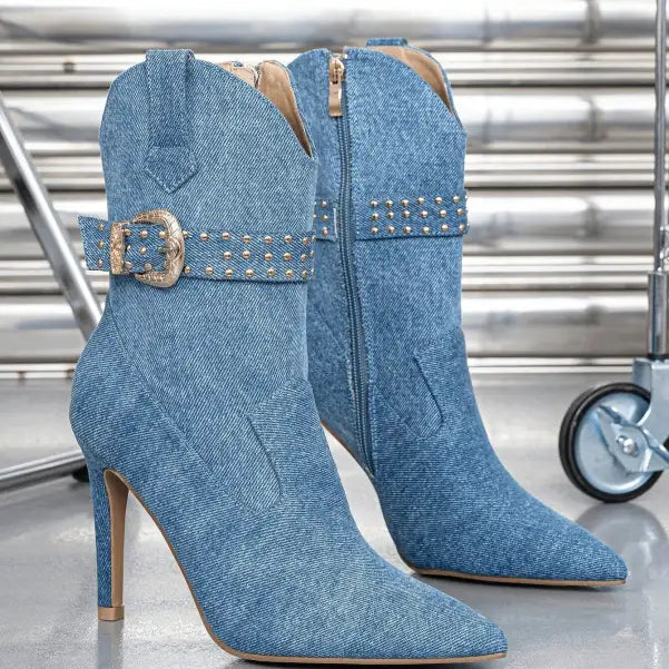 Denim Winter Pointed Toe Side Zipper Stiletto Heel Short Boots