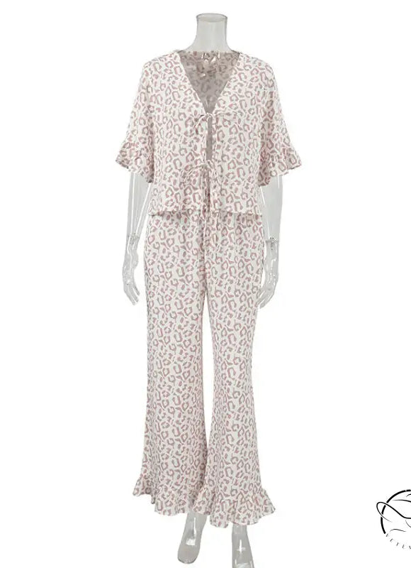 Leopard print ruffled short sleeves pajama set with flared pants