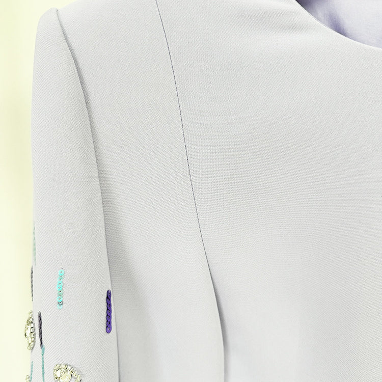 Light gray embellished jacket complementing Diamond Embedded Mid Length Dress for stylish fashion ملابس