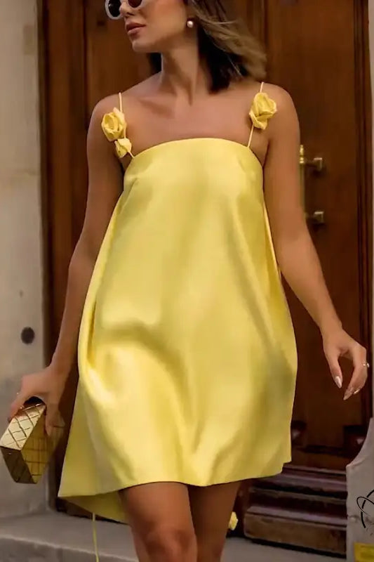 Yellow satin casual loose vacation dress with floral straps