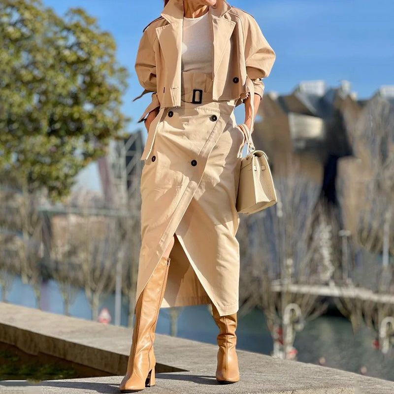 Tan trench coat skirt suit with boots from Ladies Suit Autumn Hard Casual Two Piece Set, stylish fashion outlook