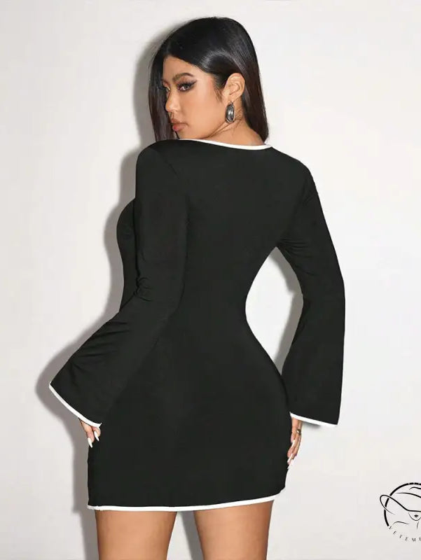 Elegant sweet spicy black mini dress with white trim