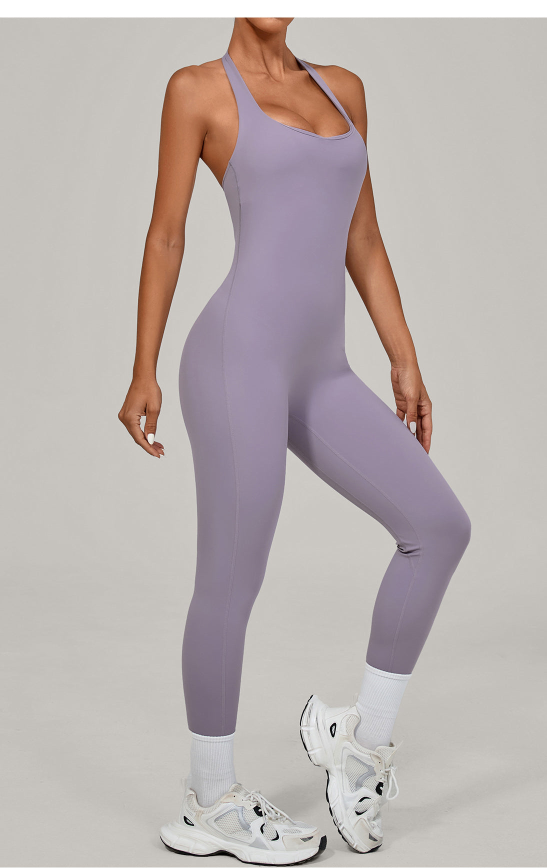 Sleek lavender langry fashion halter yoga jumpsuit for outdoor wear