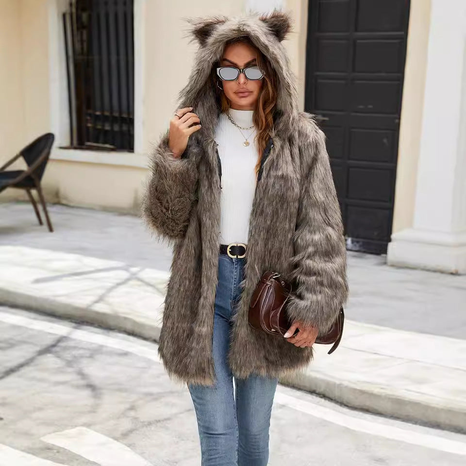 Gray faux fur hooded coat with cat ears in Langry fashion