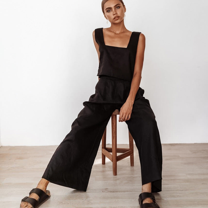 Elegant woman in black linen outfit from Fashionable Cotton Linen Homewear Suit, stylish ملابس