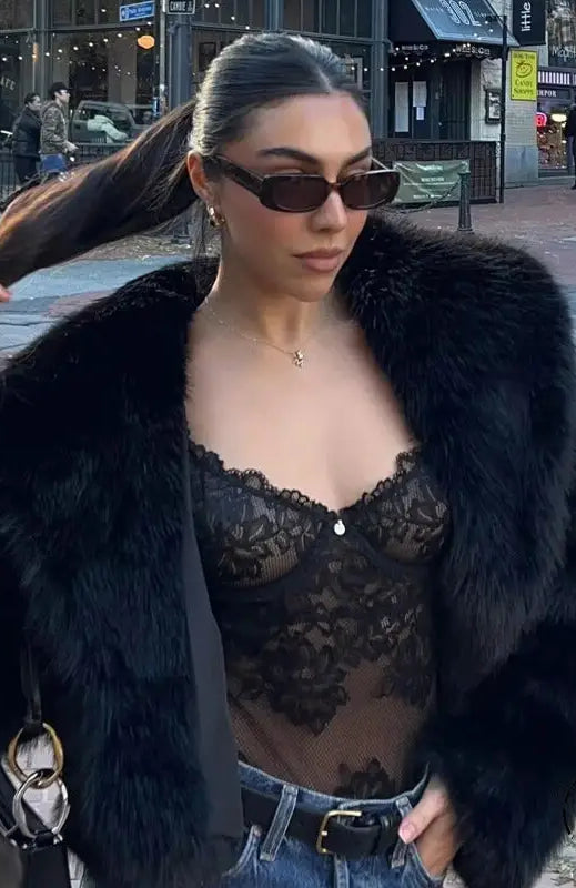 Gorgeous faux fur fox jacket with lace top and jeans in Langry fashion