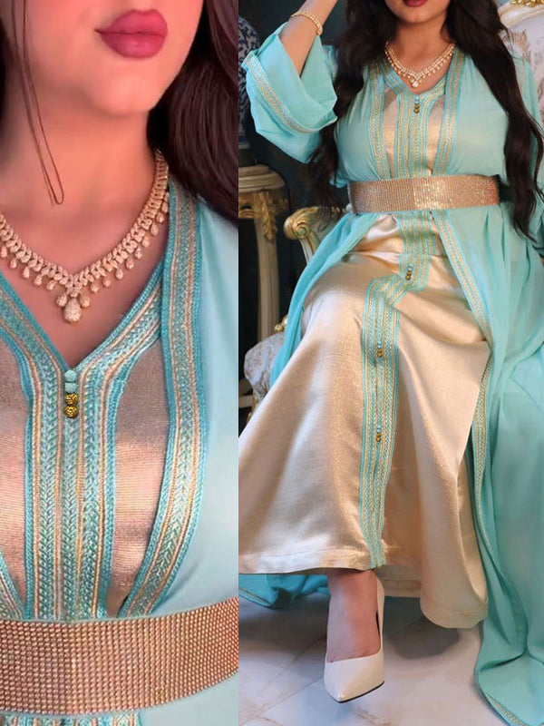 Langry mint green silk kaftan with gold embroidery and beaded belt
