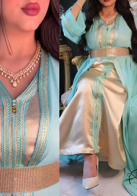 Mint green silk kaftan with gold embroidery and beaded belt in langry fashion