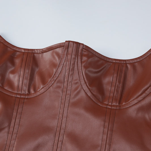 Brown faux leather corset top from Langry fashion displayed on the Faux Leather Skinny Sheath Dress
